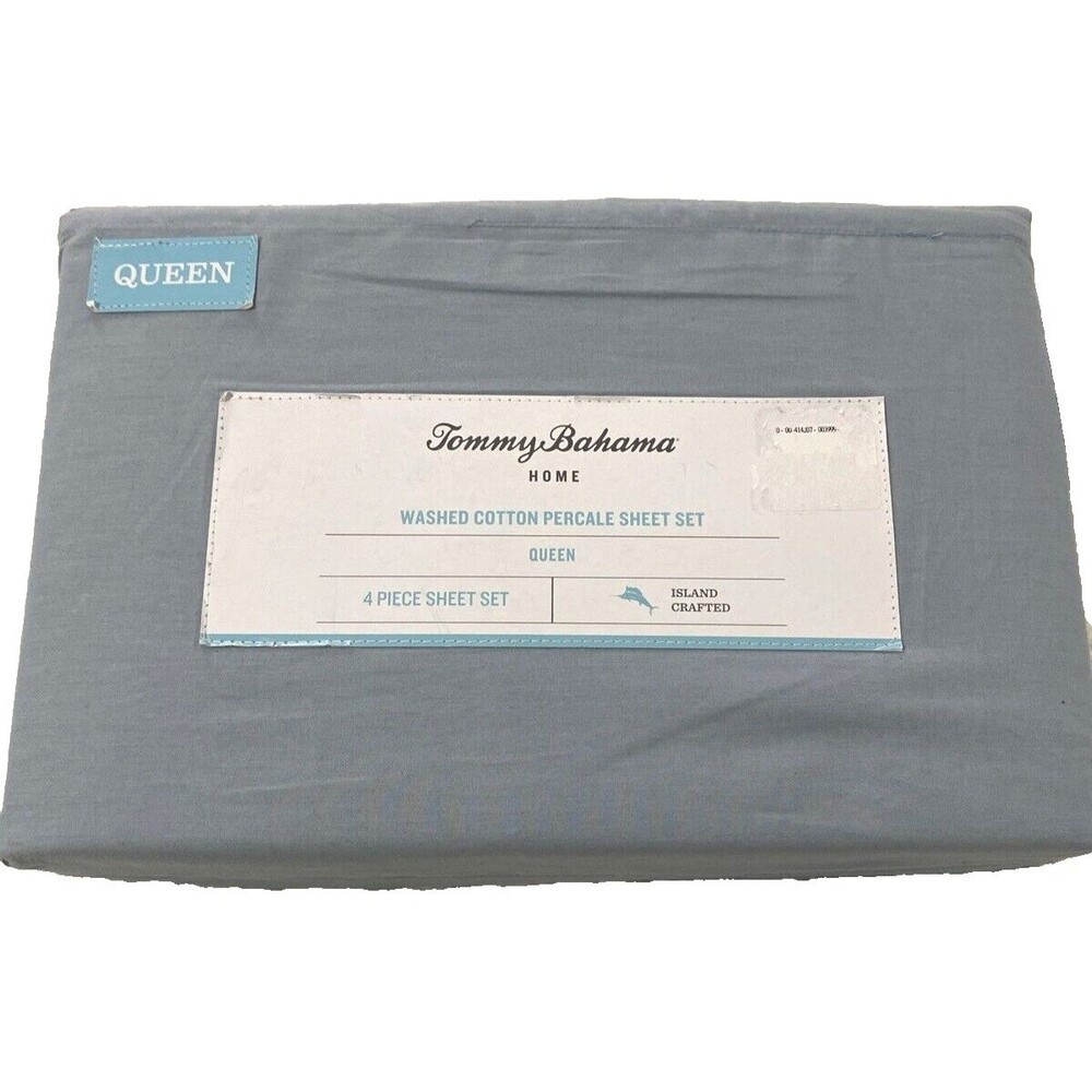 Tommy Bahama Queen Sheet Set 4 Pieces Home Washed Cotton Percale Blue Sky New